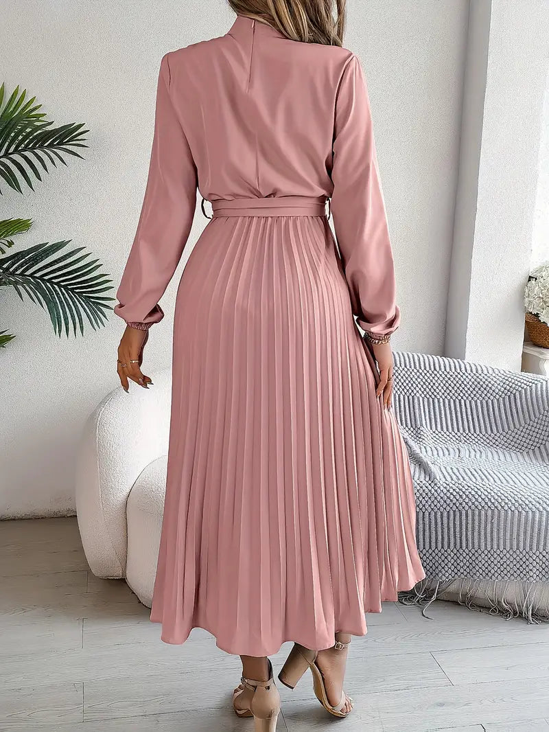 Dames Midi-Jurk met Lange Mouwen, Geplooide Rok en Tailleceintuur