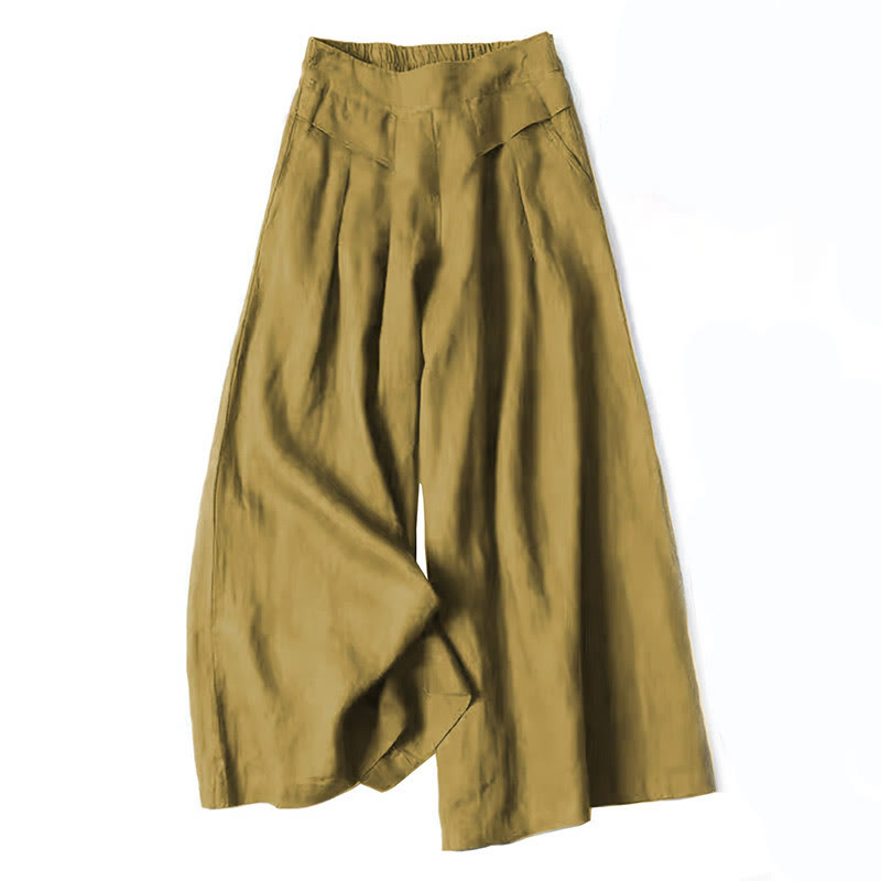 Damesbroek met Wijde Pijpen Hoge Taille met Zijzakken en Elastische Tailleband