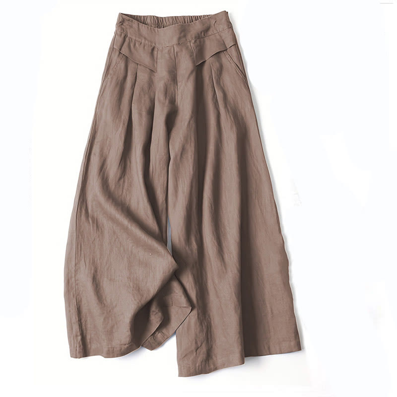 Damesbroek met Wijde Pijpen Hoge Taille met Zijzakken en Elastische Tailleband