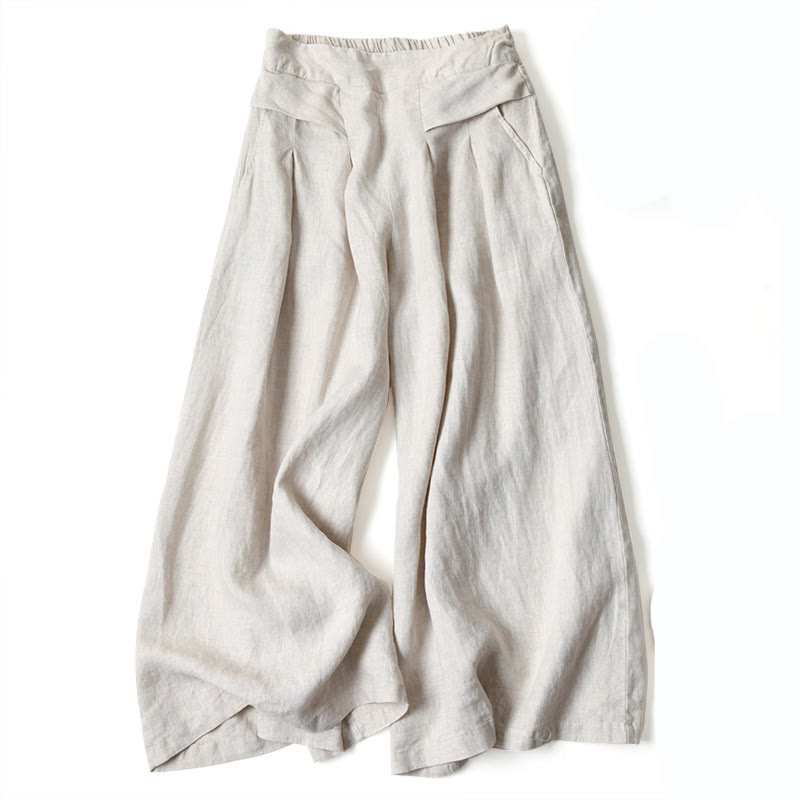 Damesbroek met Wijde Pijpen Hoge Taille met Zijzakken en Elastische Tailleband