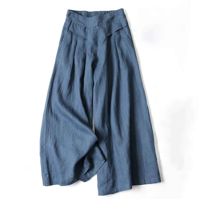 Damesbroek met Wijde Pijpen Hoge Taille met Zijzakken en Elastische Tailleband