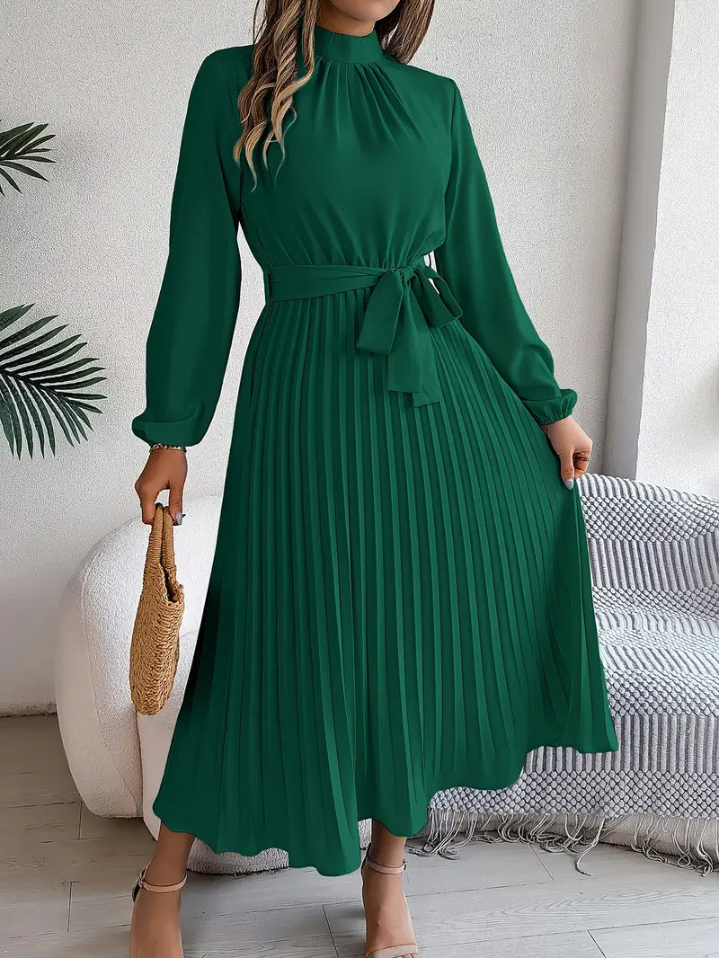 Dames Midi-Jurk met Lange Mouwen, Geplooide Rok en Tailleceintuur