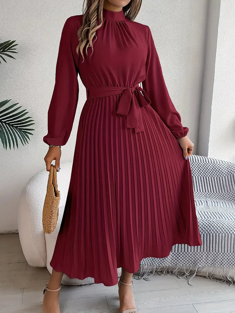 Dames Midi-Jurk met Lange Mouwen, Geplooide Rok en Tailleceintuur