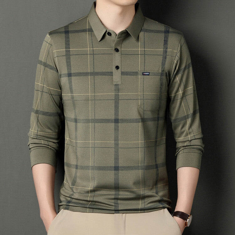 Heren Herfst Longsleeve T-shirt Polo Kraag Gestreept Patroon Slim Fit