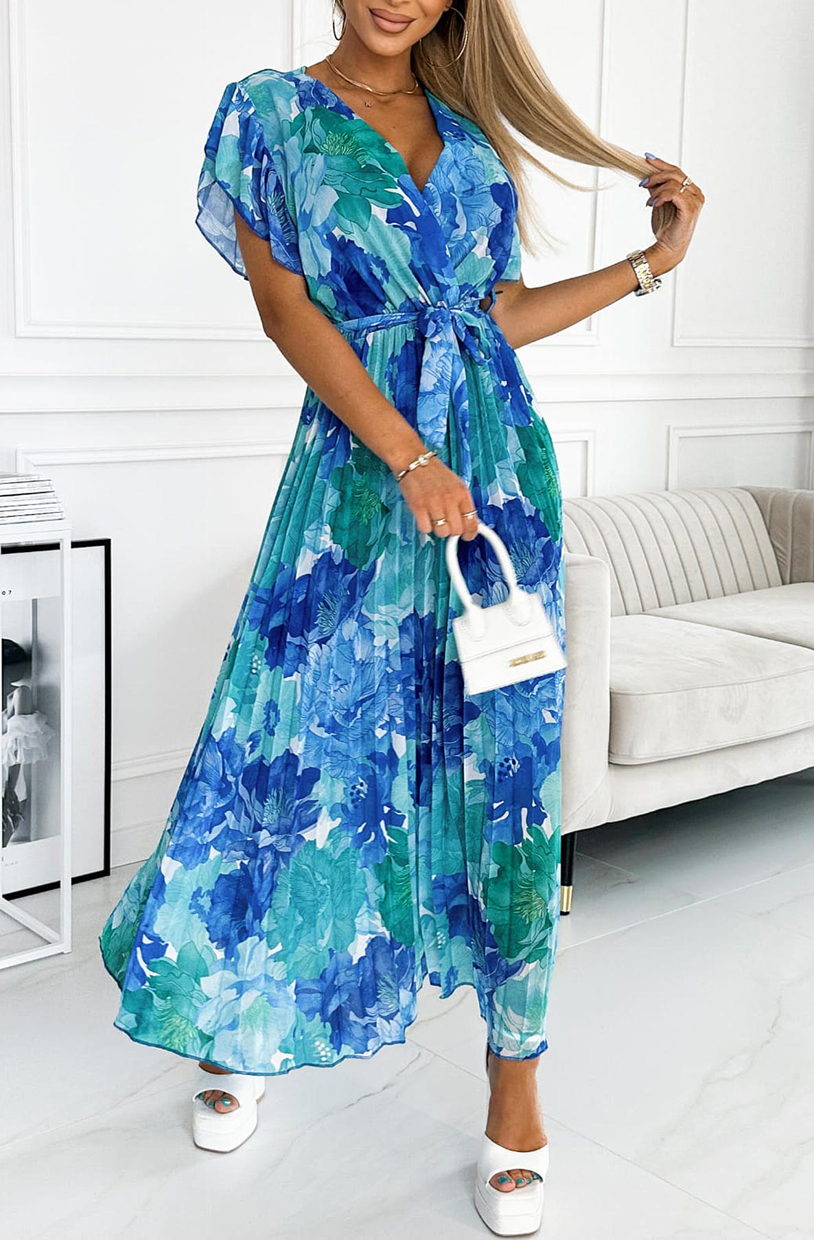 Dames Zomerse Maxi-Jurk met Bloemenprint, Geplooide Rok Korte Mouwen en Tailleceintuur