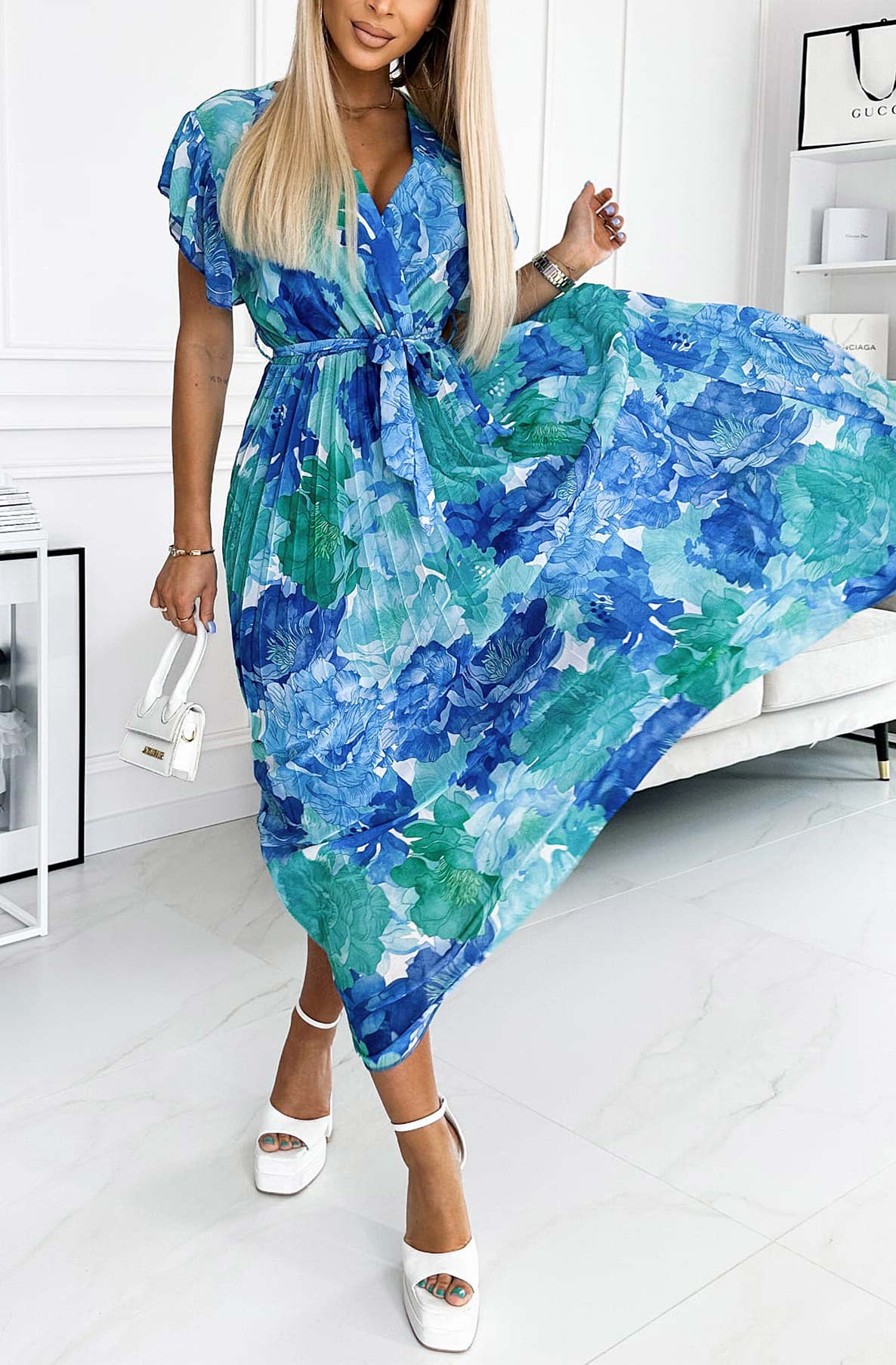 Dames Zomerse Maxi-Jurk met Bloemenprint, Geplooide Rok Korte Mouwen en Tailleceintuur