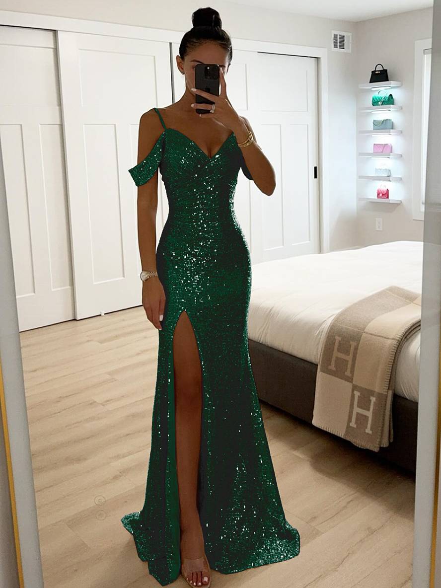 Dames Mouwloze Lente Maxi-jurk met V-Hals Pailletten en Zijsplit