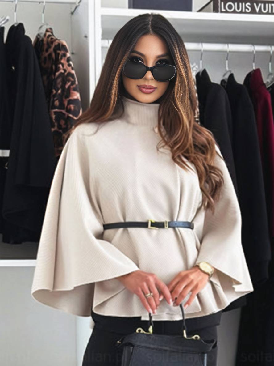 Dames Korte Ponchojas voor de Herfst met Ceintuur en Vleermuismouwen