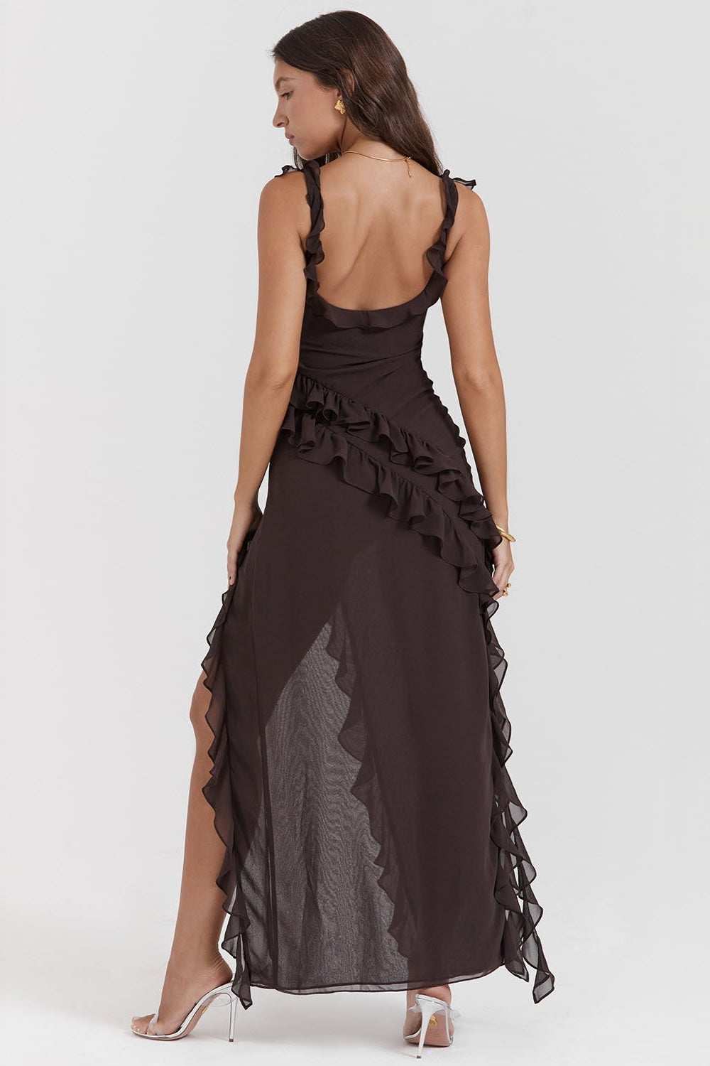 Dames Lange Ruffle Jurk Voor Lente En Zomer Met Voorsplit En Ritssluiting Achter