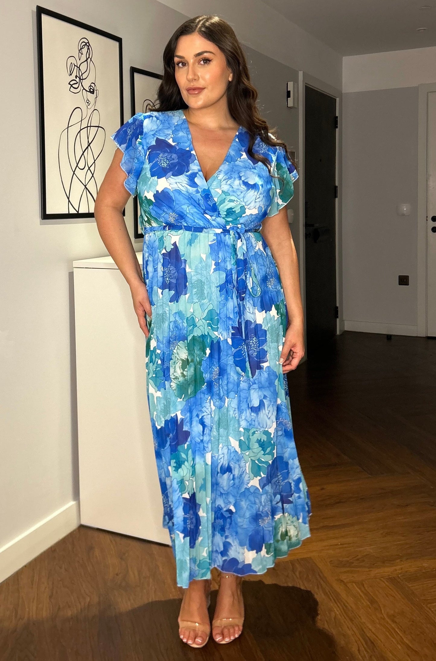 Dames Zomerse Maxi-Jurk met Bloemenprint, Geplooide Rok Korte Mouwen en Tailleceintuur