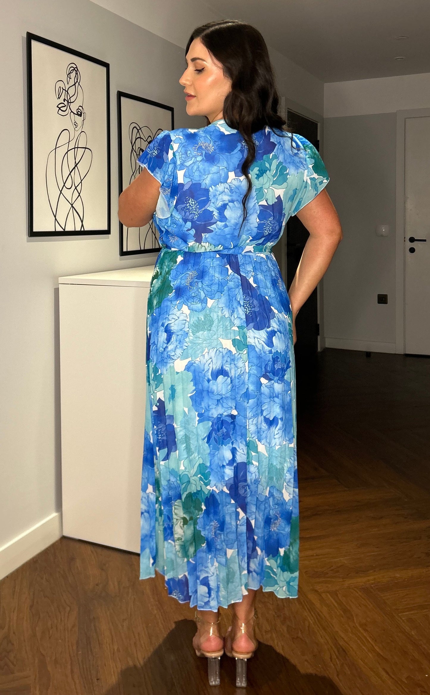 Dames Zomerse Maxi-Jurk met Bloemenprint, Geplooide Rok Korte Mouwen en Tailleceintuur