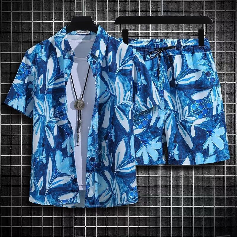 Heren Zomerset Tweedelig Strandoutfit Sneldrogend Bloemenprint Korte Mouwen Top en Shorts