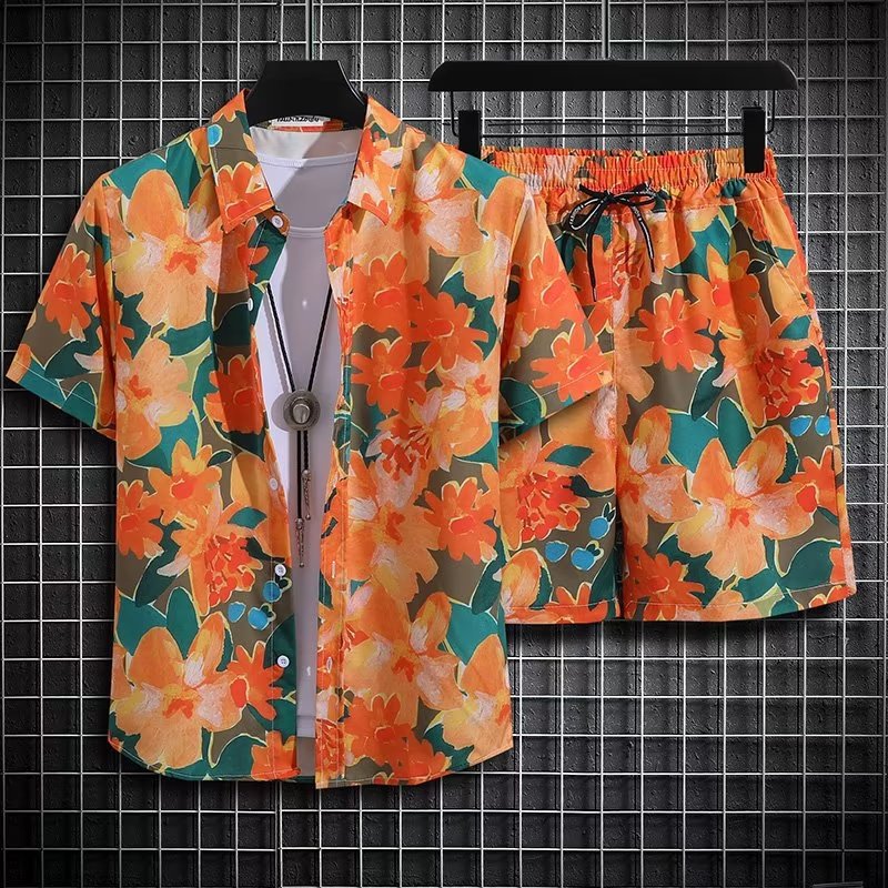 Heren Zomerset Tweedelig Strandoutfit Sneldrogend Bloemenprint Korte Mouwen Top en Shorts