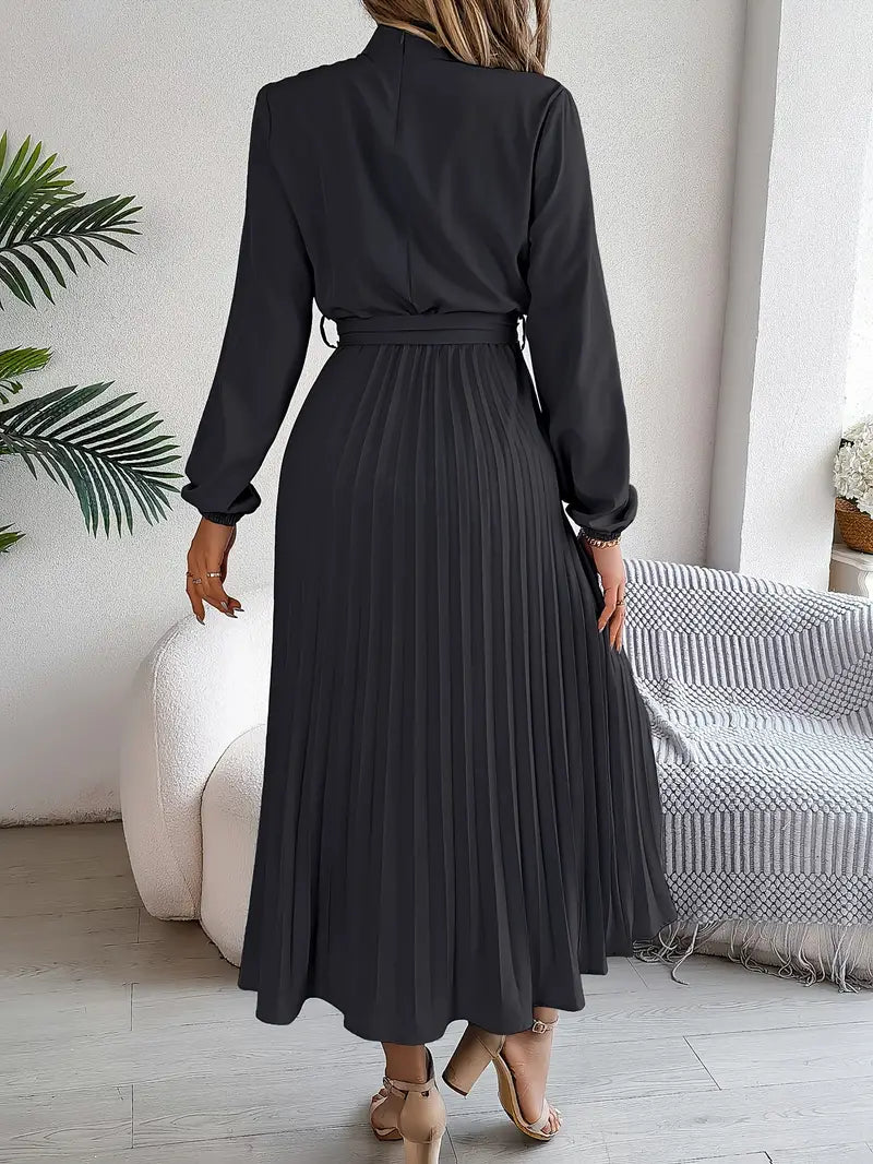 Dames Midi-Jurk met Lange Mouwen, Geplooide Rok en Tailleceintuur