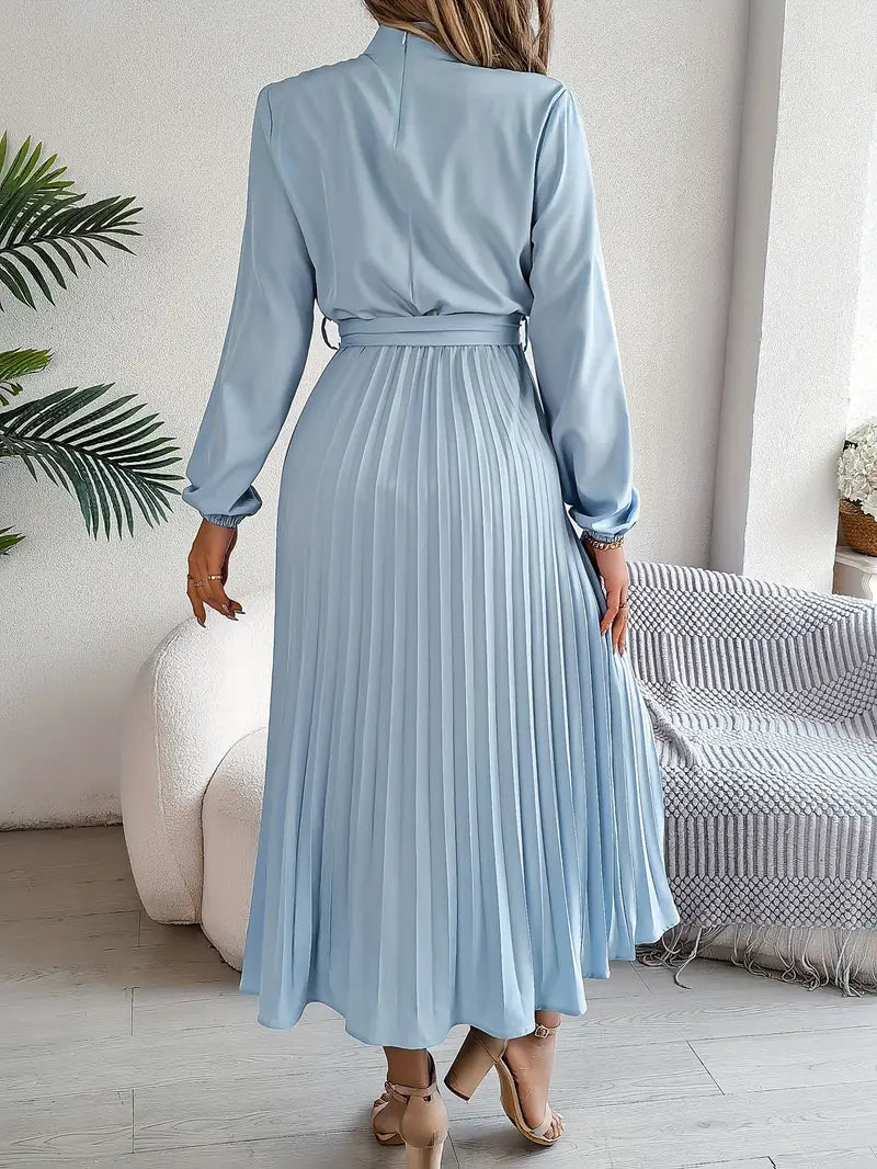 Dames Midi-Jurk met Lange Mouwen, Geplooide Rok en Tailleceintuur