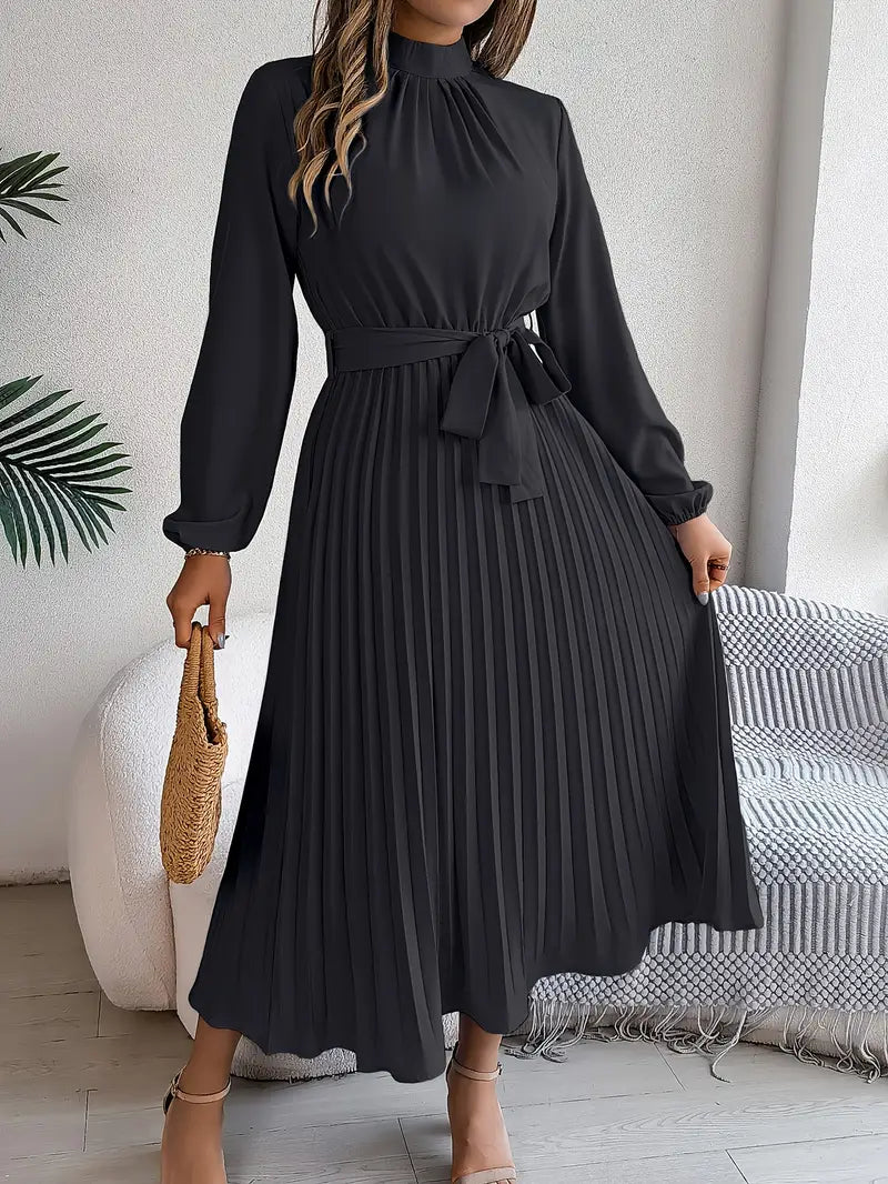 Dames Midi-Jurk met Lange Mouwen, Geplooide Rok en Tailleceintuur