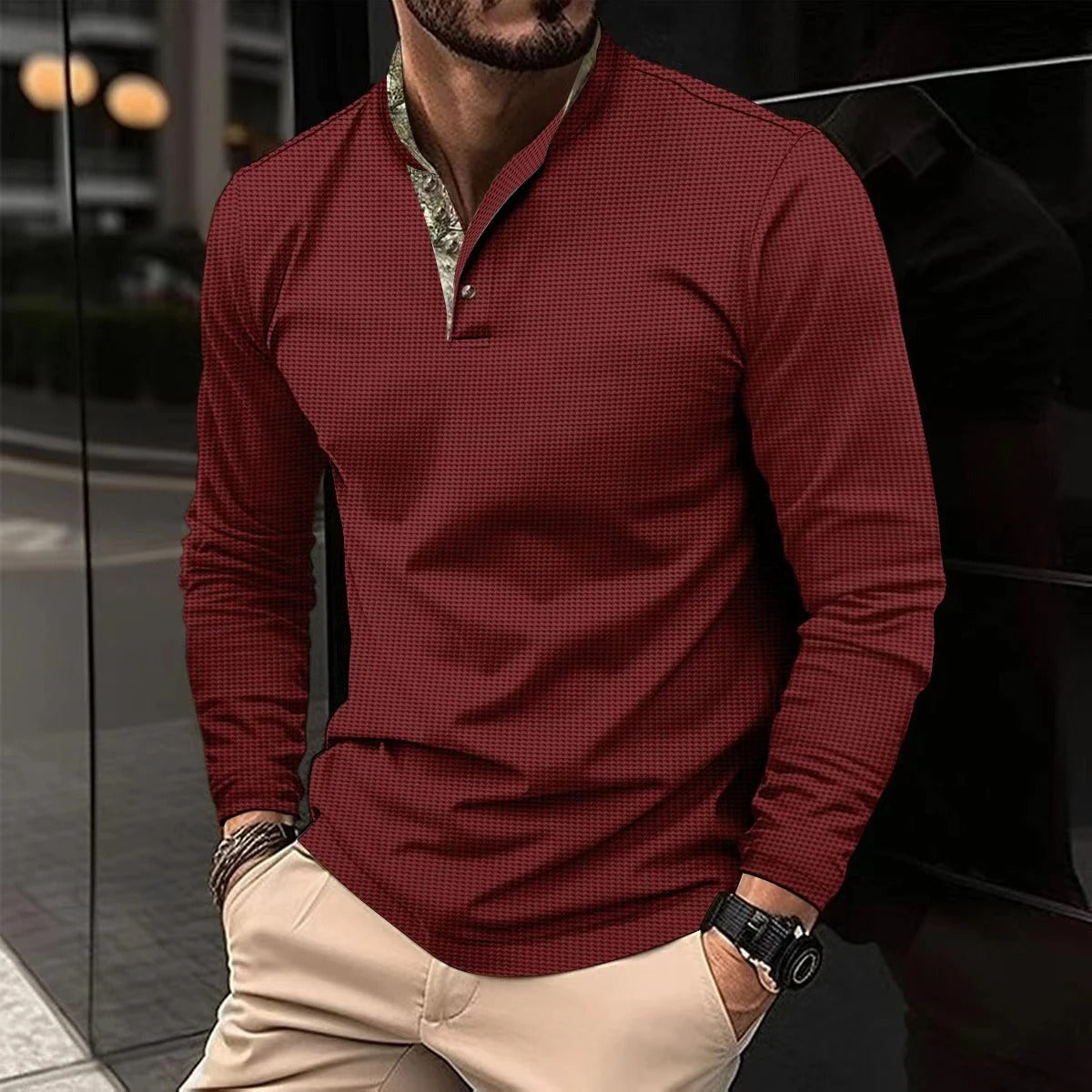 Heren Poloshirt met Lange Mouwen, Contrastkraag en Manchetten