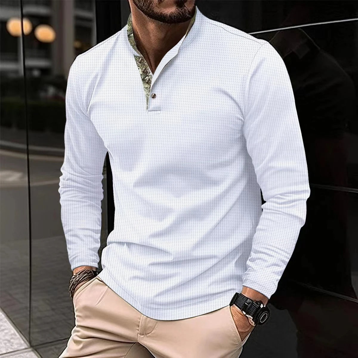 Heren Poloshirt met Lange Mouwen, Contrastkraag en Manchetten