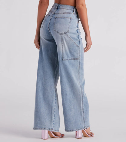 Dames Jeans met Wijde Pijpen, Cargozakken en Middelhoge Taille
