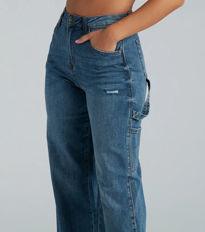 Dames Jeans met Wijde Pijpen, Cargozakken en Middelhoge Taille