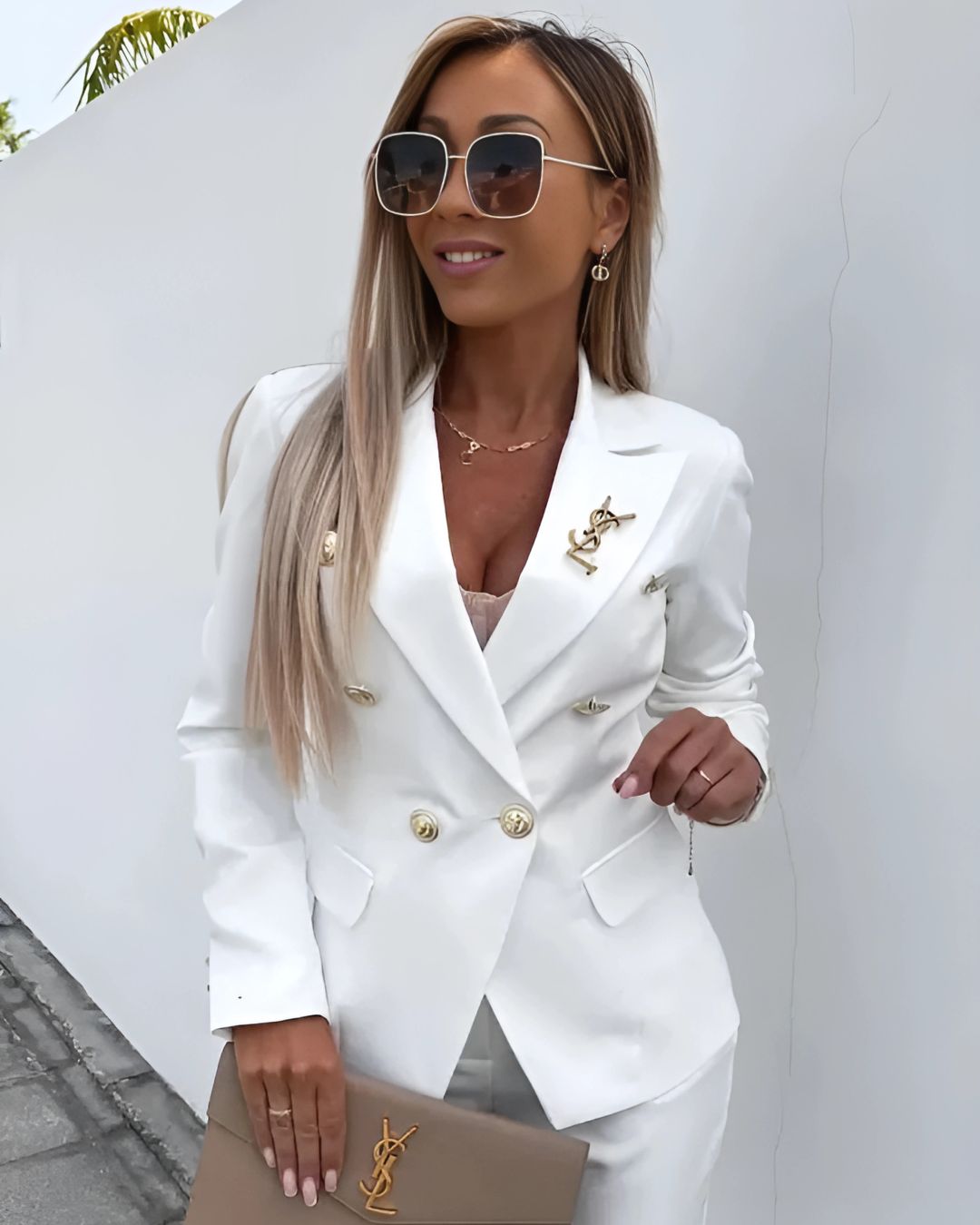 Dames Dubbelgerijnd Pak met Getailleerde Blazer en Broek met Rechte Pijpen