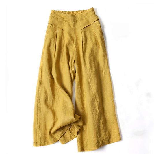 Damesbroek met Wijde Pijpen Hoge Taille met Zijzakken en Elastische Tailleband