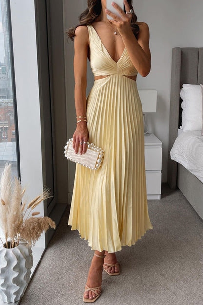 Dames Maxi-Jurk met V-Hals, Uitsnijding in de Taille en Geplooide Rok
