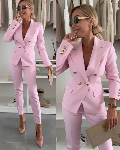 Dames Dubbelgerijnd Pak met Getailleerde Blazer en Broek met Rechte Pijpen