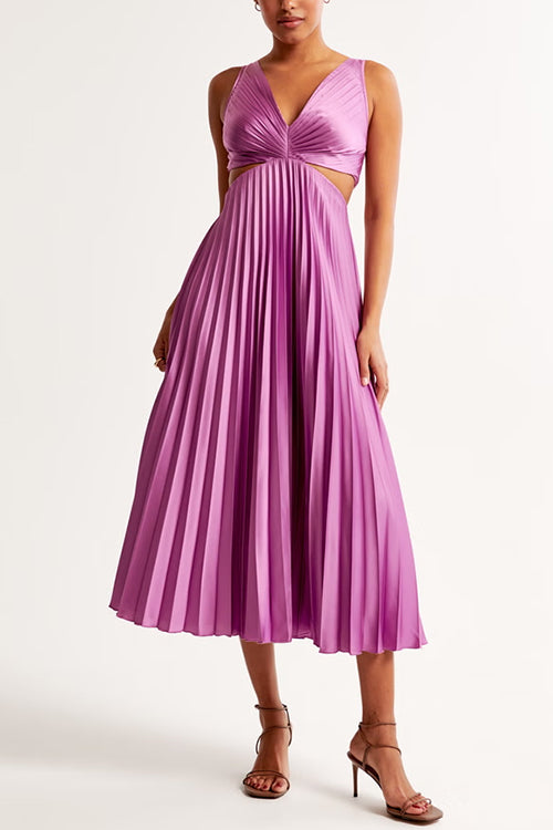 Dames Maxi-Jurk met V-Hals, Uitsnijding in de Taille en Geplooide Rok