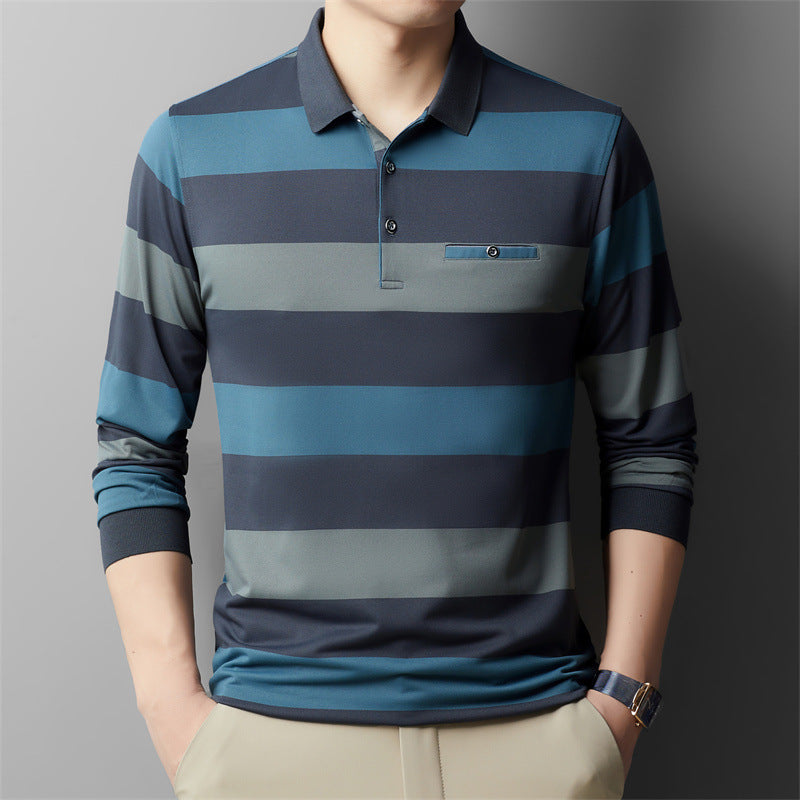 Heren Longsleeve T-shirt Kleurvlakken Gestreept Reverskraag Regular Fit