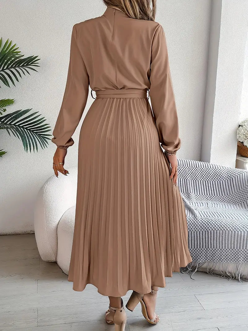 Dames Midi-Jurk met Lange Mouwen, Geplooide Rok en Tailleceintuur