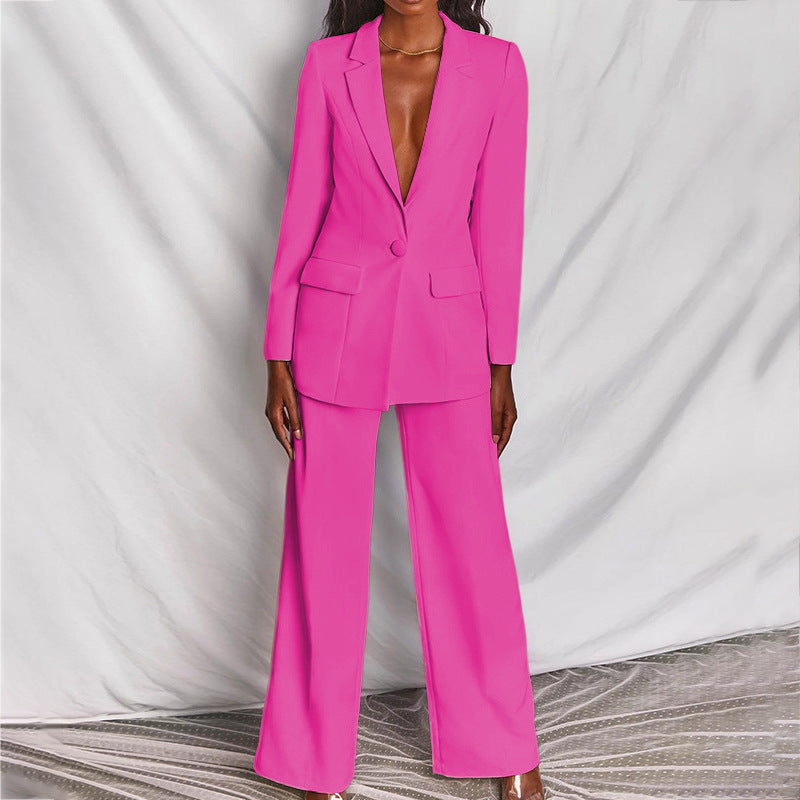 Vrouwen Voorjaars Blazer- en Broekenset met Getailleerde Blazer en Broek met Rechte Pijpen