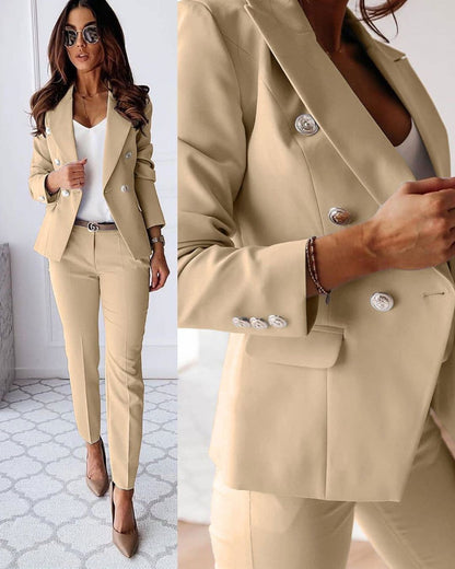 Dames Dubbelgerijnd Pak met Getailleerde Blazer en Broek met Rechte Pijpen