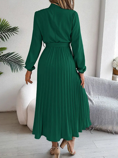 Dames Midi-Jurk met Lange Mouwen, Geplooide Rok en Tailleceintuur