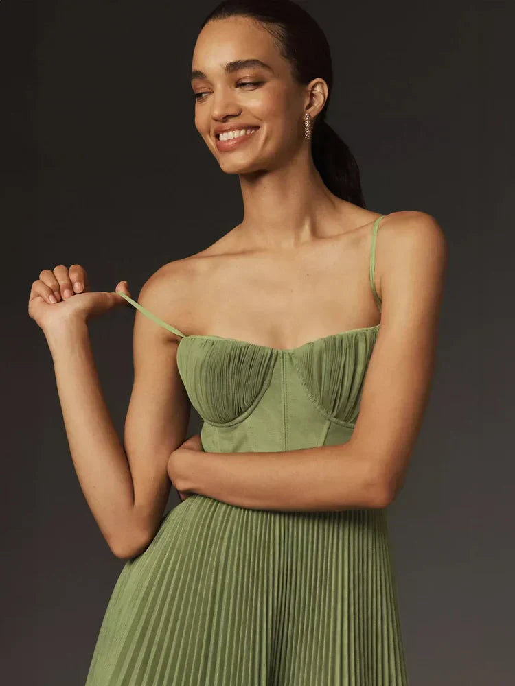 Dames Lente- en Zomer Midi Jurk met Geplooide Tulle Bustier en Uitlopende Rok