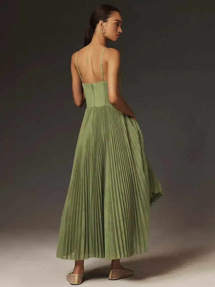 Dames Lente- en Zomer Midi Jurk met Geplooide Tulle Bustier en Uitlopende Rok