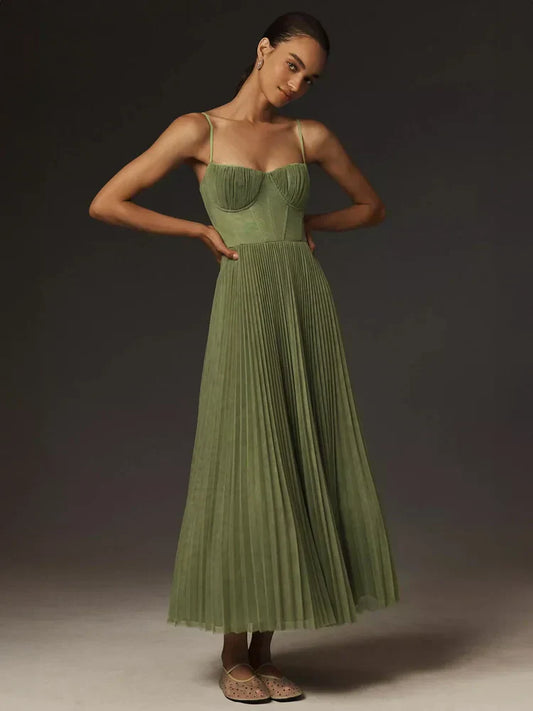 Dames Lente- en Zomer Midi Jurk met Geplooide Tulle Bustier en Uitlopende Rok