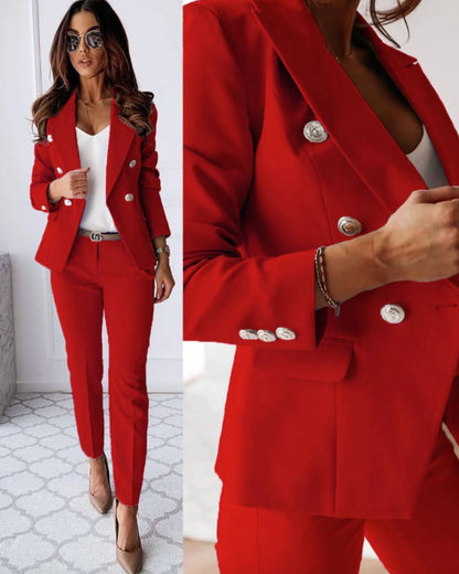 Dames Dubbelgerijnd Pak met Getailleerde Blazer en Broek met Rechte Pijpen