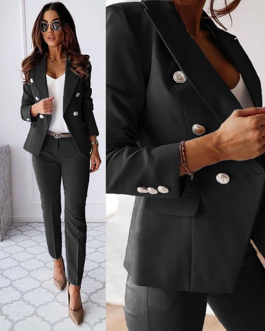 Dames Dubbelgerijnd Pak met Getailleerde Blazer en Broek met Rechte Pijpen