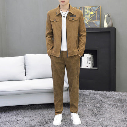 Heren Herfst Tweedelige Set Corduroy Jas En Lange Broek