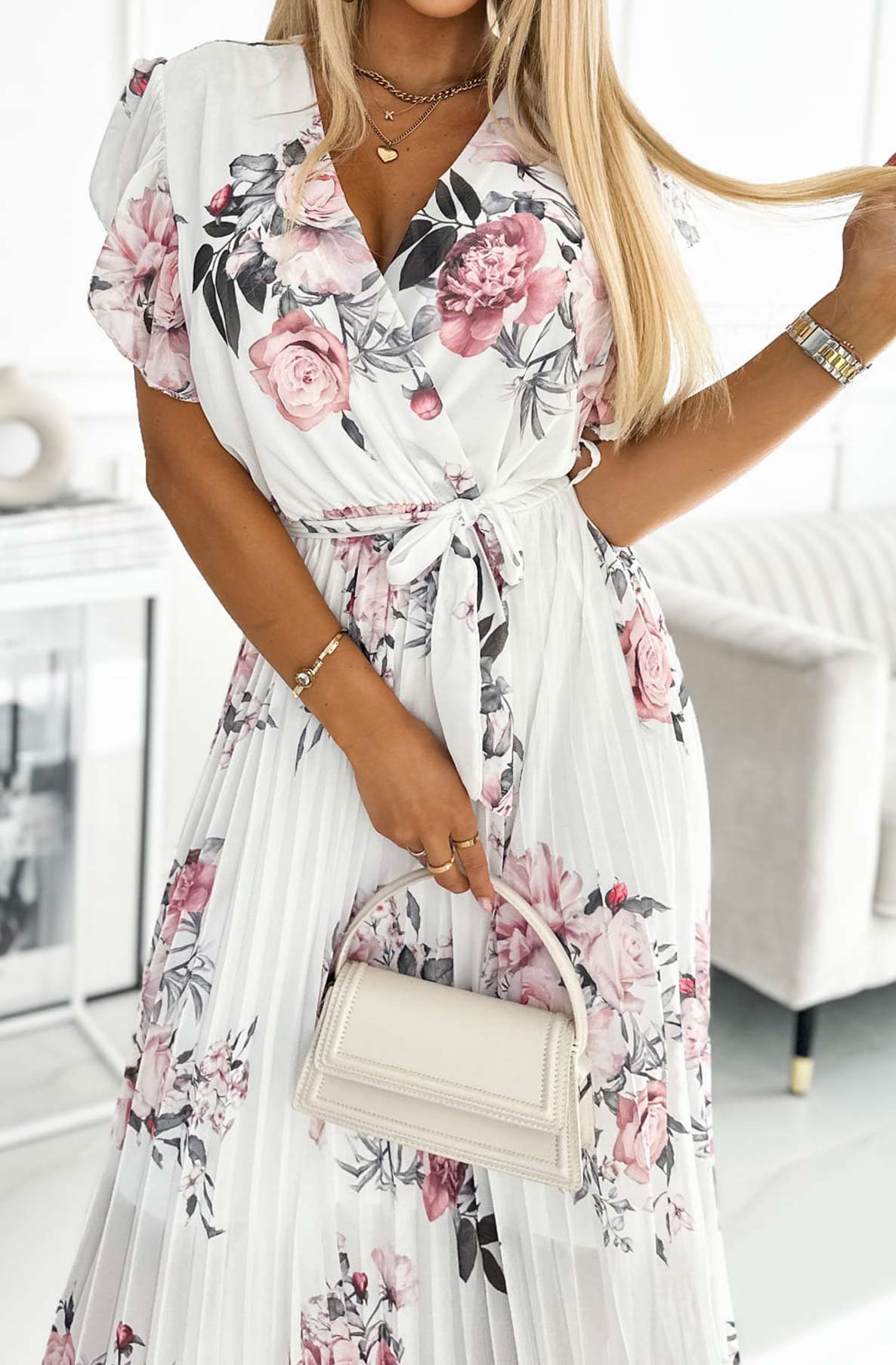 Dames Zomerjurk met Bloemenprint Geplooide Rok Wikkeltop en Ceintuur