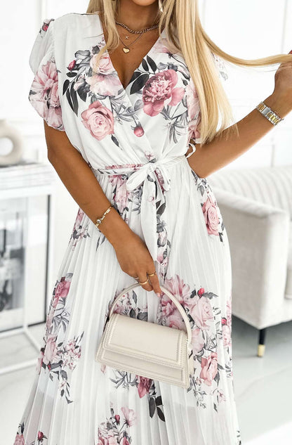 Dames Zomerjurk met Bloemenprint Geplooide Rok Wikkeltop en Ceintuur