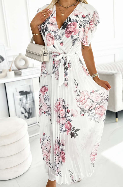 Dames Zomerjurk met Bloemenprint Geplooide Rok Wikkeltop en Ceintuur