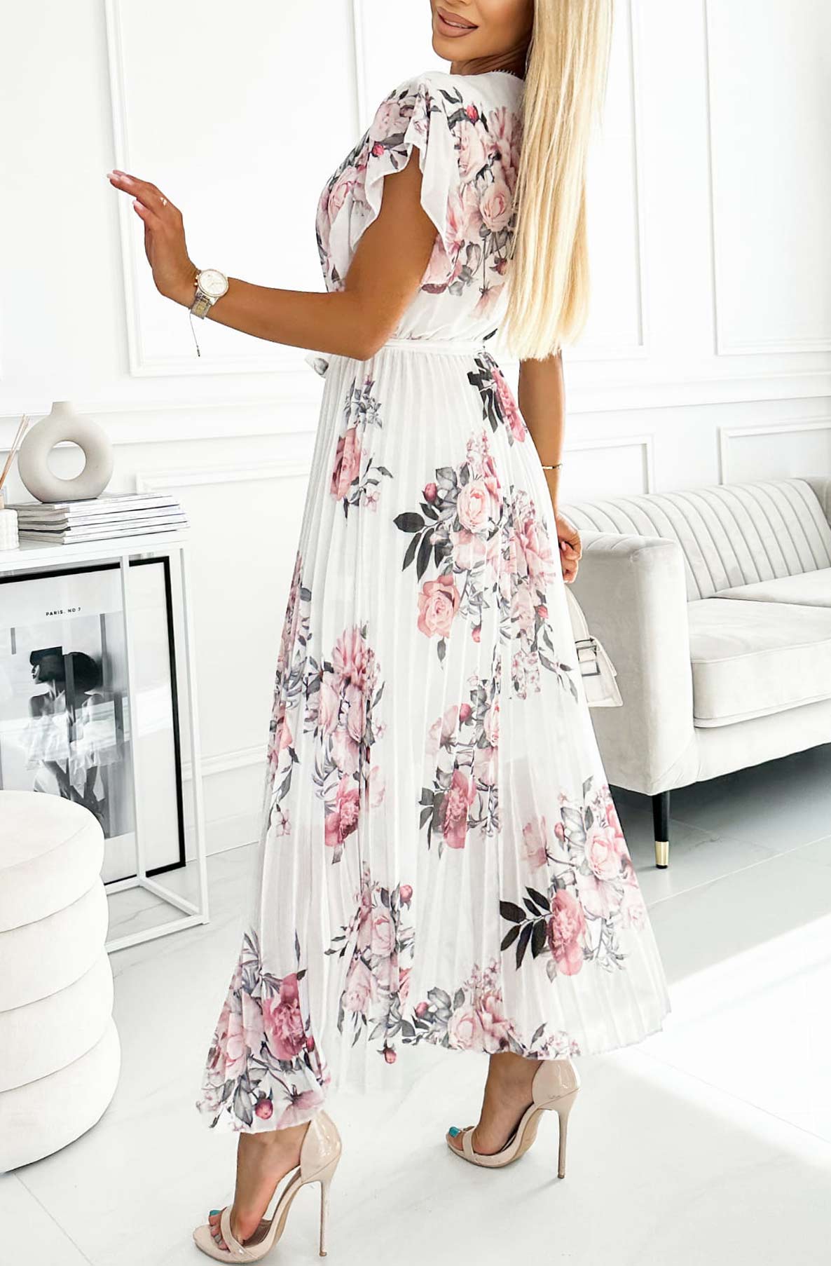 Dames Zomerjurk met Bloemenprint Geplooide Rok Wikkeltop en Ceintuur