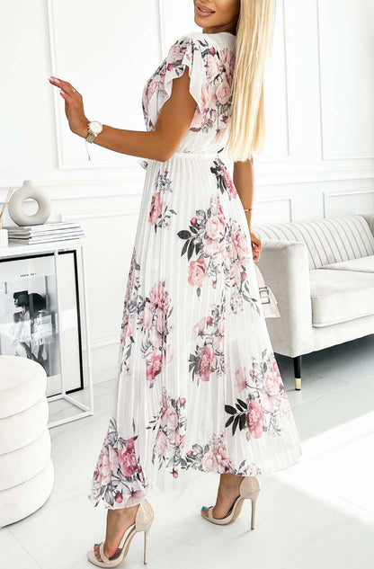 Dames Zomerjurk met Bloemenprint Geplooide Rok Wikkeltop en Ceintuur