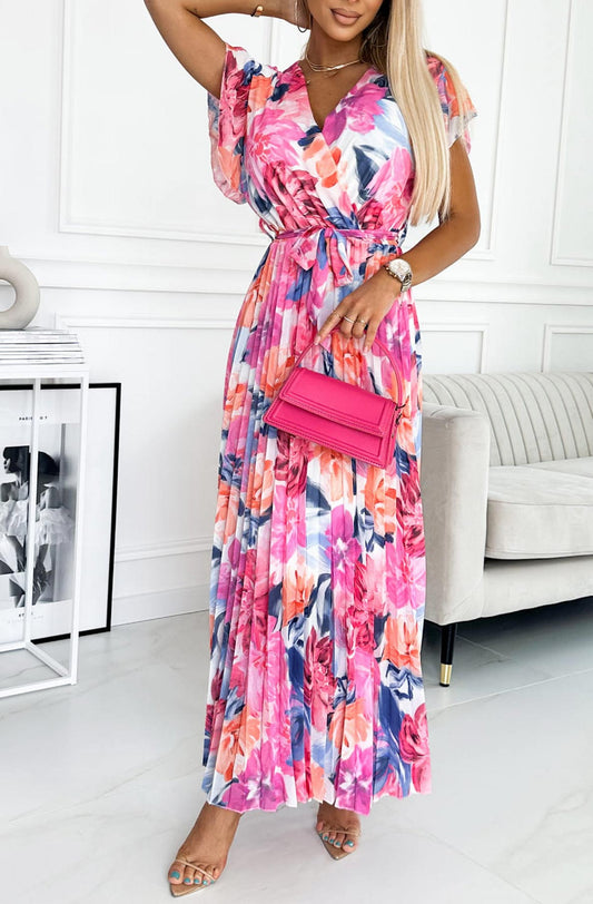 Dames Zomerjurk met Bloemenprint Geplooide Rok Wikkeltop en Strikceintuur