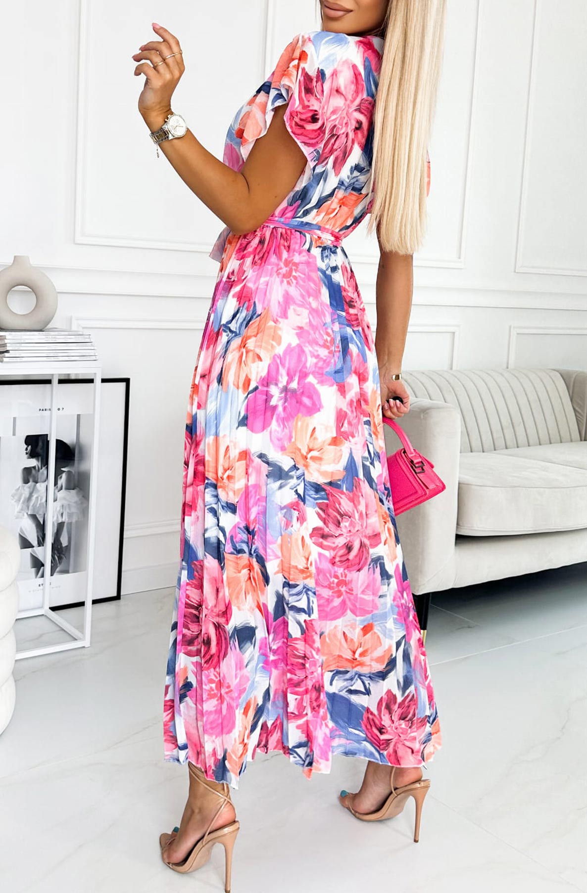 Dames Zomerjurk met Bloemenprint Geplooide Rok Wikkeltop en Strikceintuur