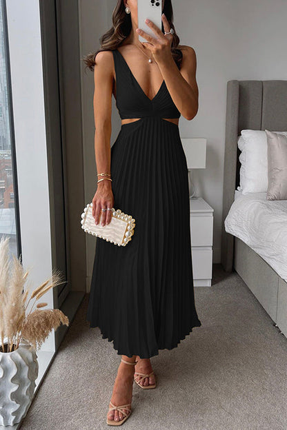 Dames Maxi-Jurk met V-Hals, Uitsnijding in de Taille en Geplooide Rok
