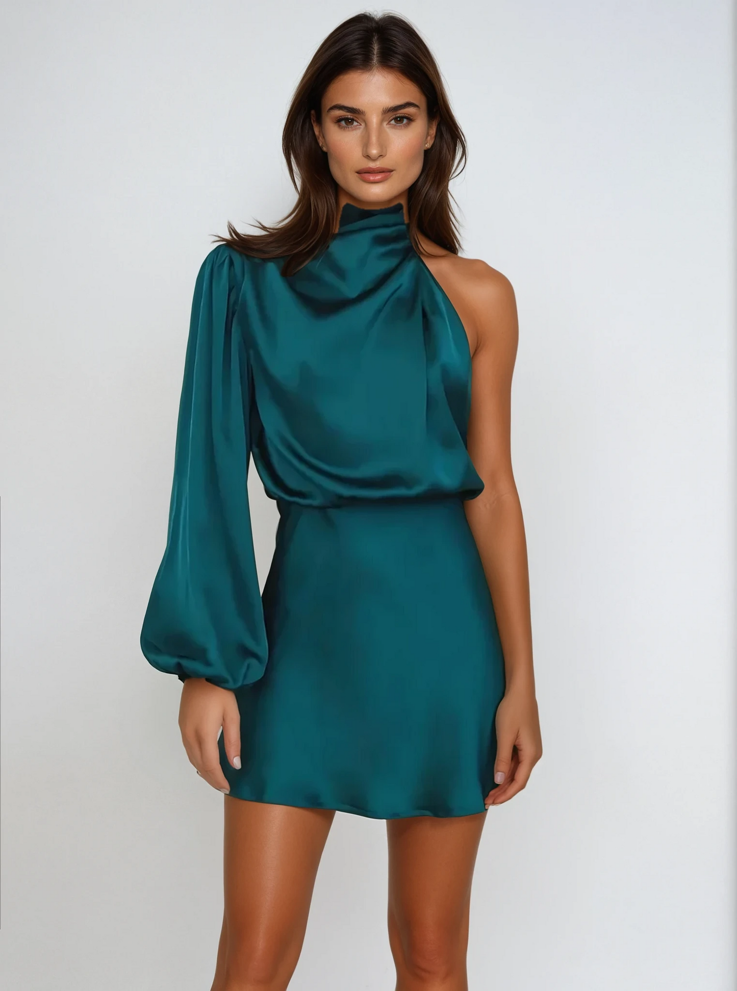 Dames Avondjurk met One-Shoulder, Pofmouw en Asymmetrische Zoom