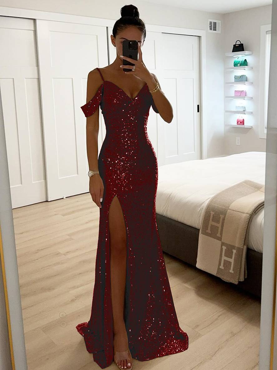 Dames Mouwloze Lente Maxi-jurk met V-Hals Pailletten en Zijsplit